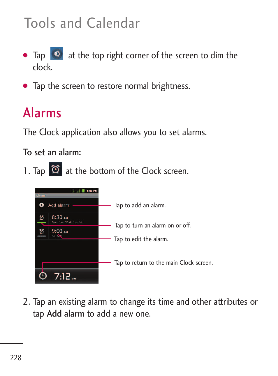 Alarms, Tools and calendar | LG LGL45C User Manual | Page 230 / 546