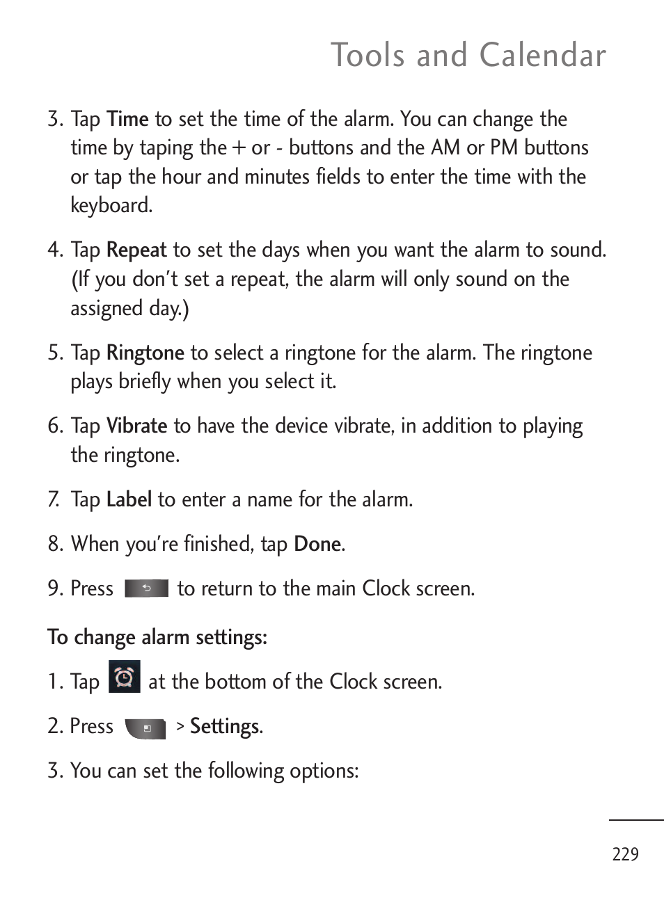 Tools and calendar | LG LGL45C User Manual | Page 231 / 546