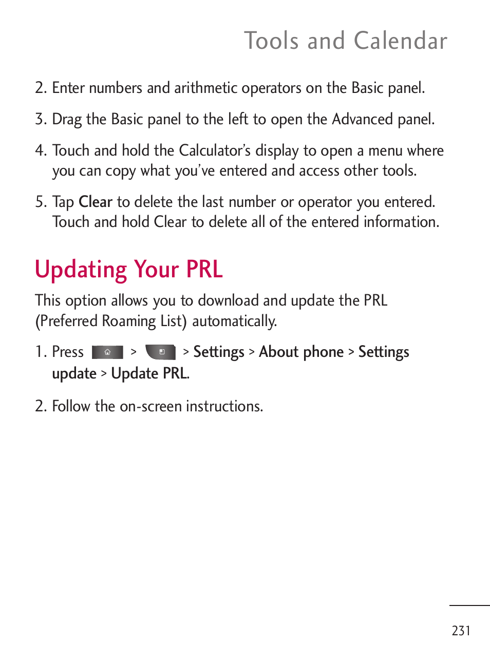 Updating your prl, Tools and calendar | LG LGL45C User Manual | Page 233 / 546