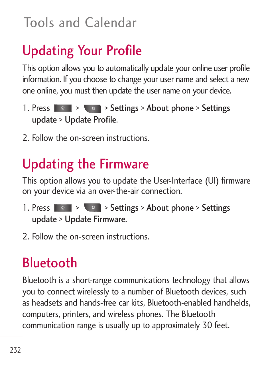 Updating your profile, Updating the firmware, Bluetooth | Updating the firmware 232 bluetooth, Tools and calendar | LG LGL45C User Manual | Page 234 / 546