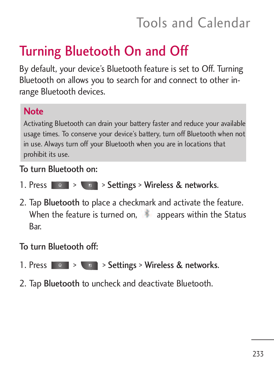 Turning bluetooth on and off, Turning bluetooth on and off, Tools and calendar | LG LGL45C User Manual | Page 235 / 546