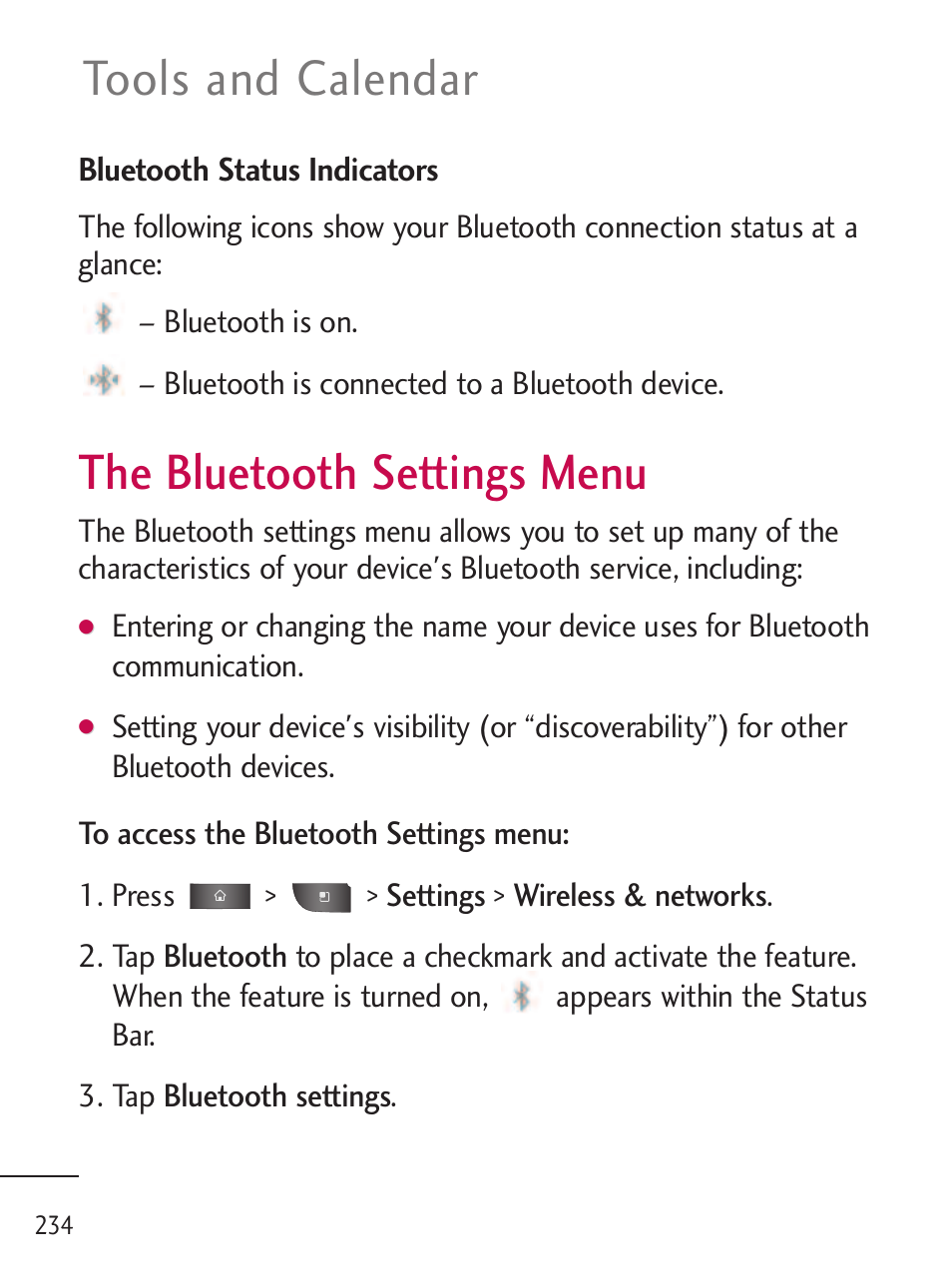 The bluetooth settings menu, The bluetooth settings menu, Tools and calendar | LG LGL45C User Manual | Page 236 / 546