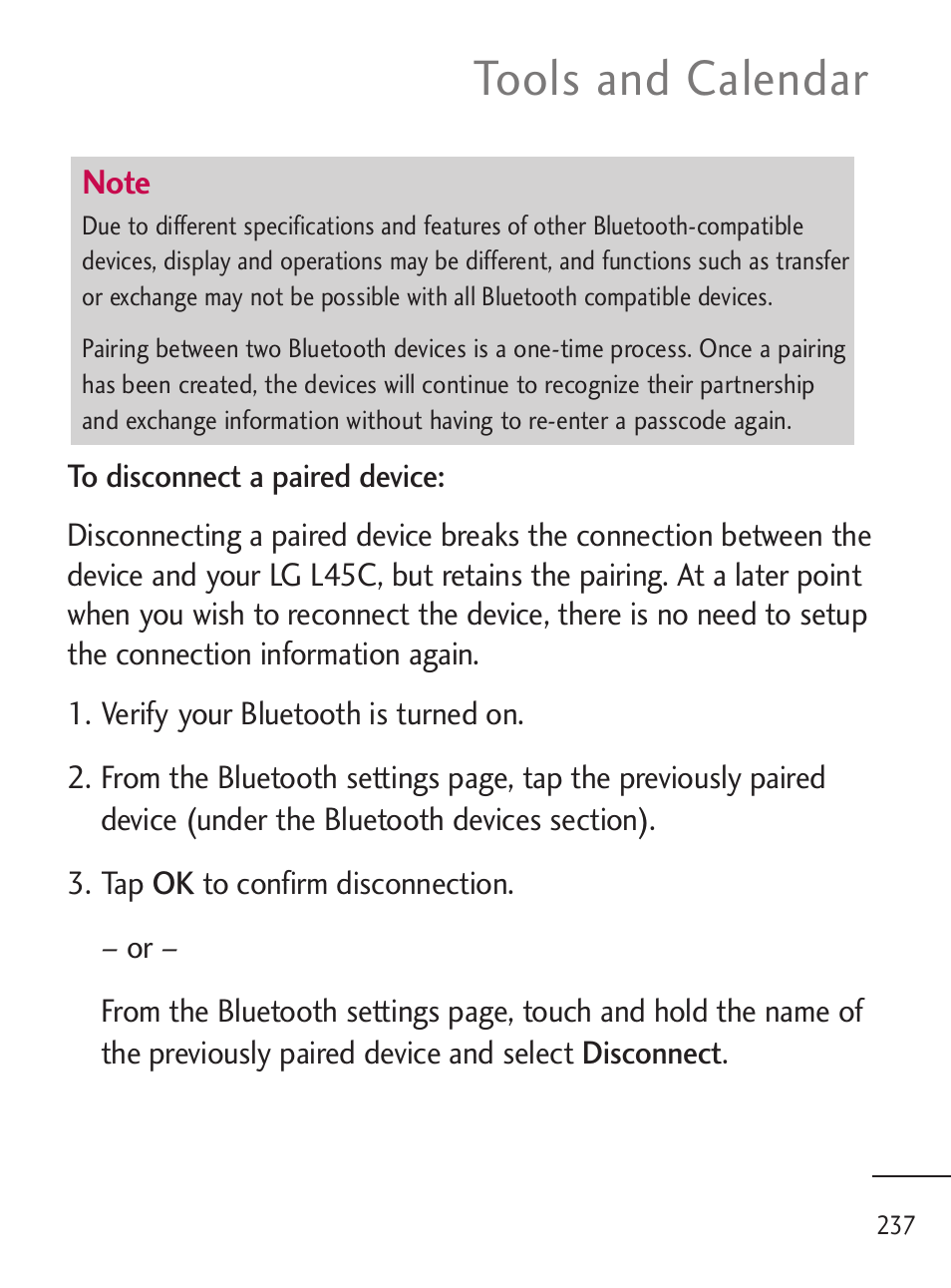 Tools and calendar | LG LGL45C User Manual | Page 239 / 546