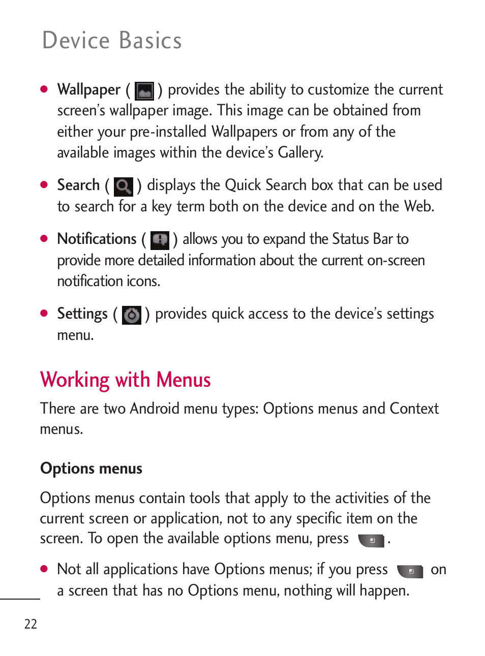 Device basics, Working with menus | LG LGL45C User Manual | Page 24 / 546