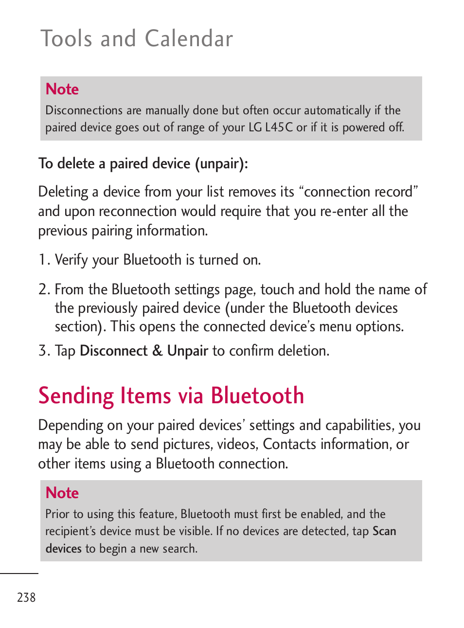 Sending items via bluetooth, Sending items via bluetooth, Tools and calendar | LG LGL45C User Manual | Page 240 / 546