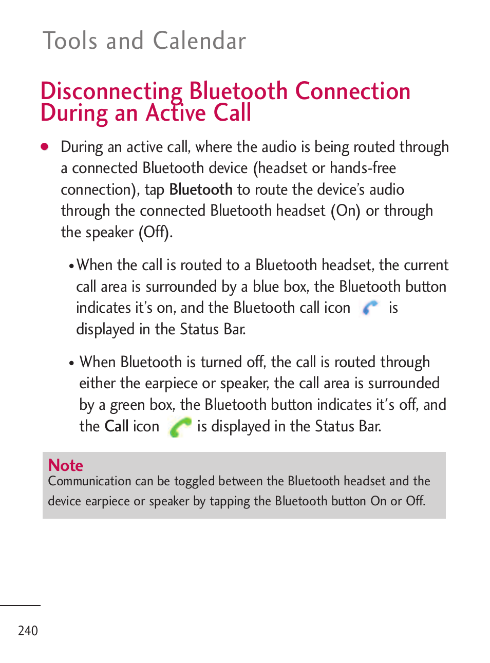 Disconnecting bluetooth conn, Tools and calendar | LG LGL45C User Manual | Page 242 / 546