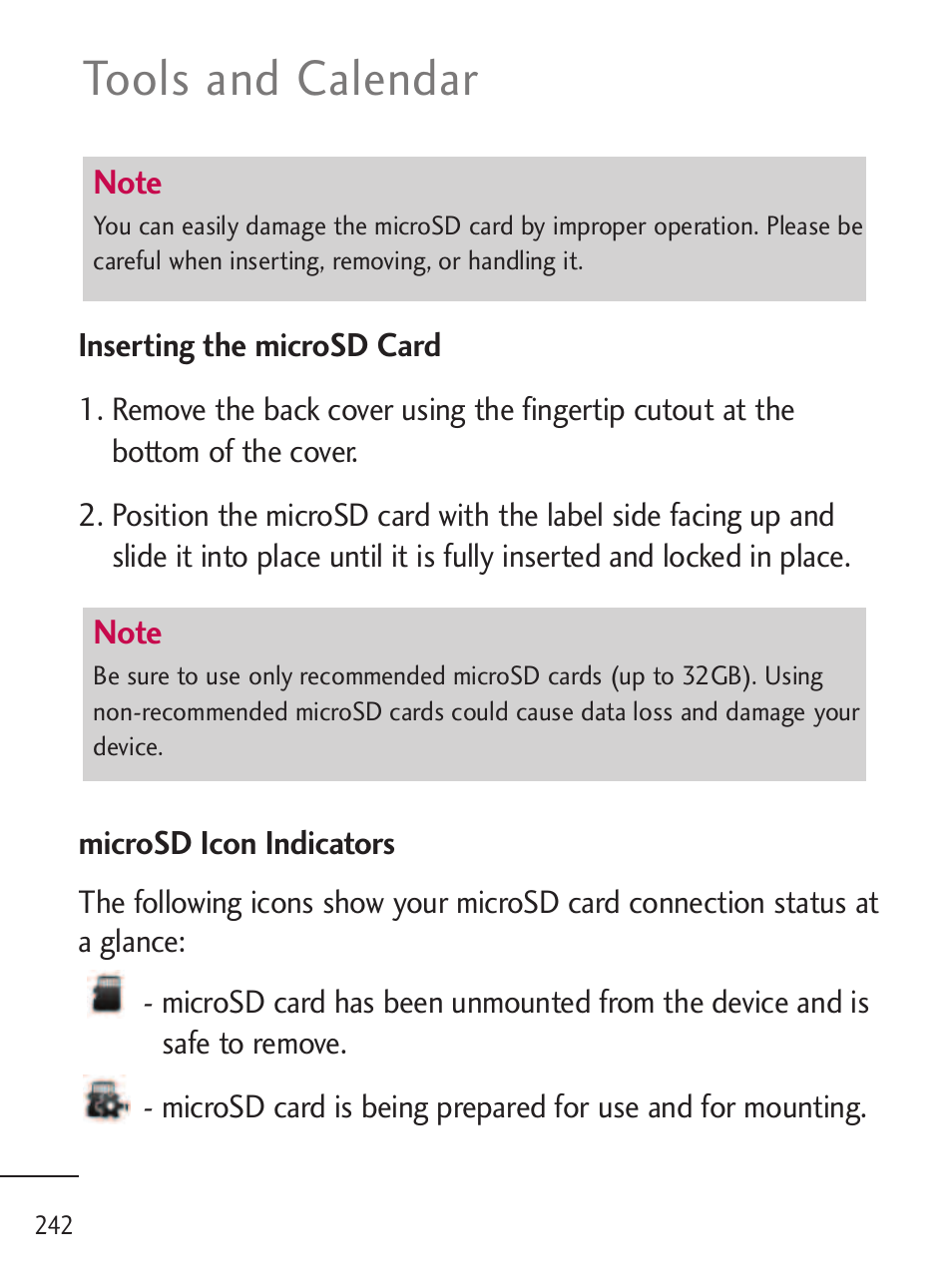 Tools and calendar | LG LGL45C User Manual | Page 244 / 546