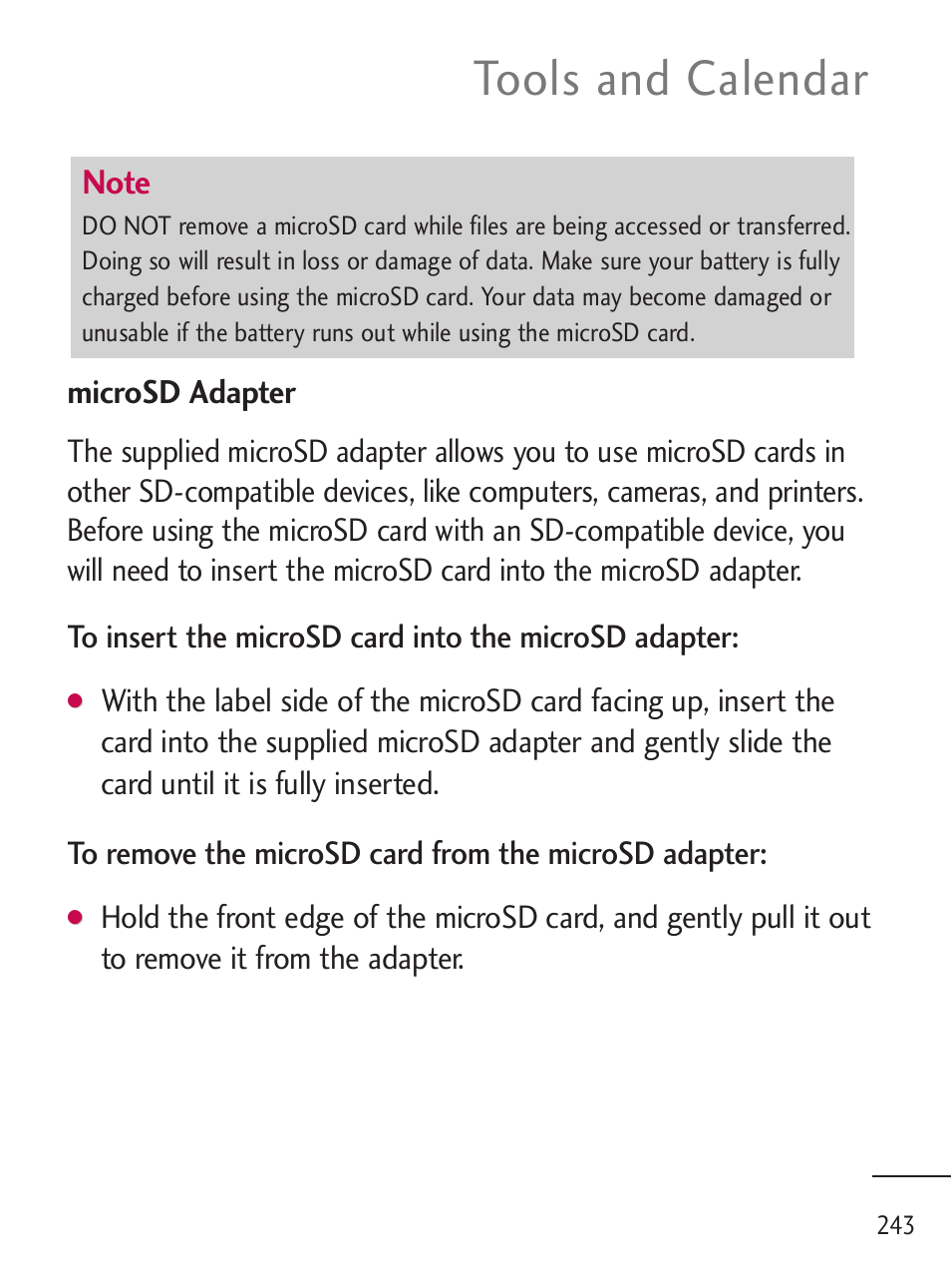 Tools and calendar | LG LGL45C User Manual | Page 245 / 546