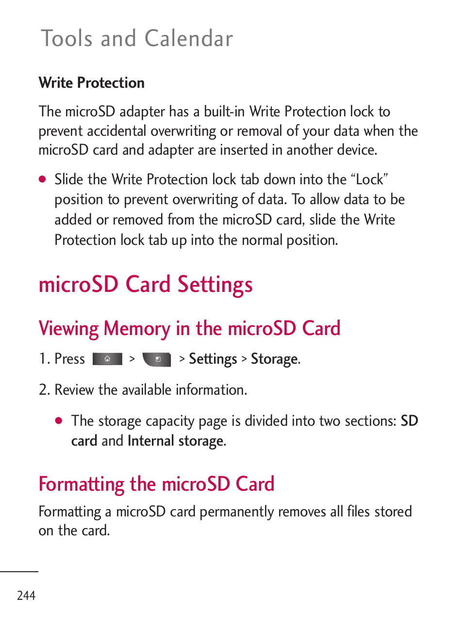 Microsd card settings, Tools and calendar, Formatting the microsd card | LG LGL45C User Manual | Page 246 / 546