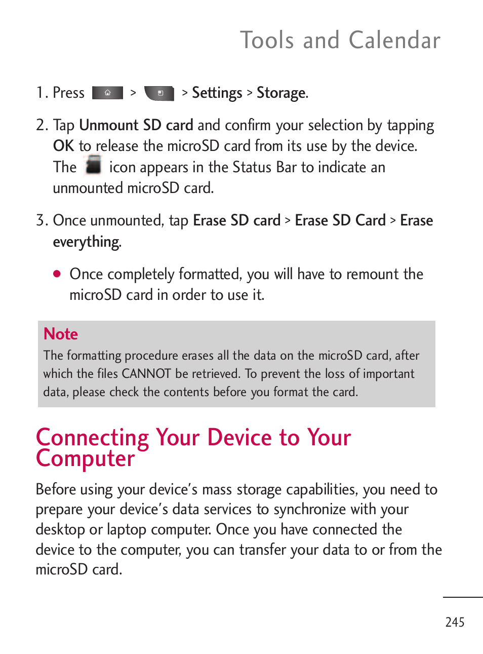 Microsd card settings, Microsd card settings 245, Connecting your device to your computer | Tools and calendar | LG LGL45C User Manual | Page 247 / 546