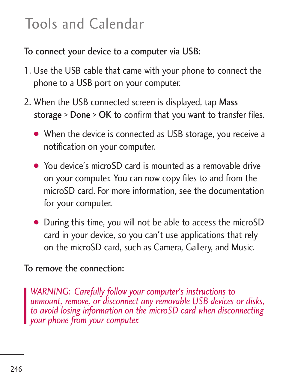 Connecting your device to y, Connecting your device to your computer, Tools and calendar | LG LGL45C User Manual | Page 248 / 546