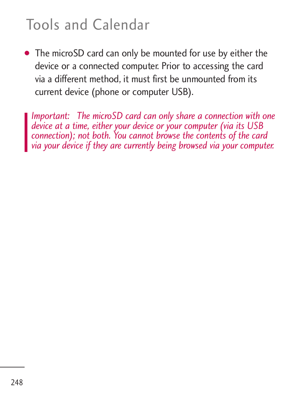 Tools and calendar | LG LGL45C User Manual | Page 250 / 546