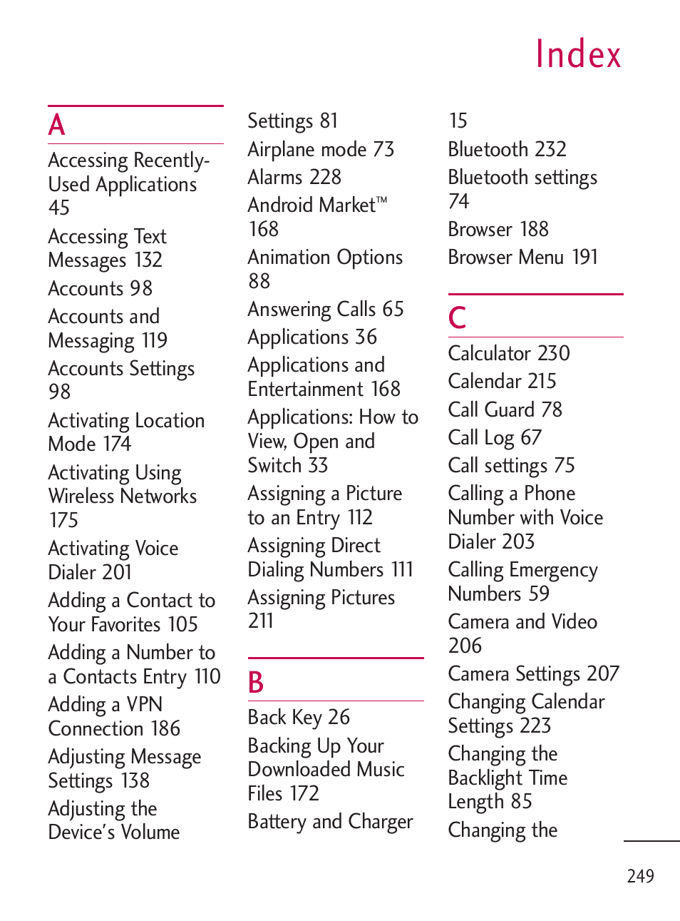 Index | LG LGL45C User Manual | Page 251 / 546