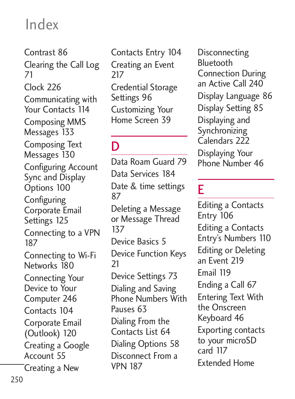 Index | LG LGL45C User Manual | Page 252 / 546