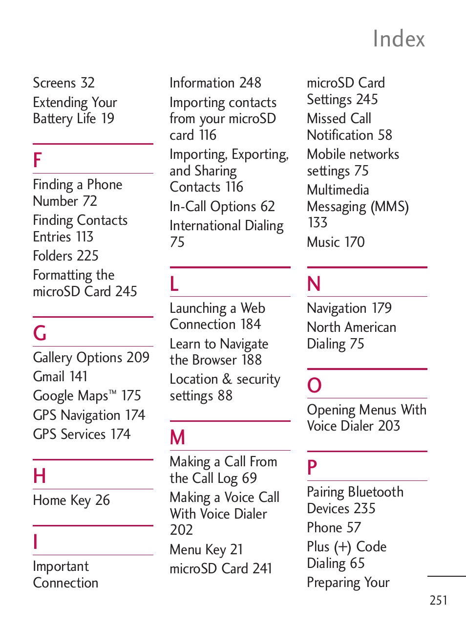 Index | LG LGL45C User Manual | Page 253 / 546