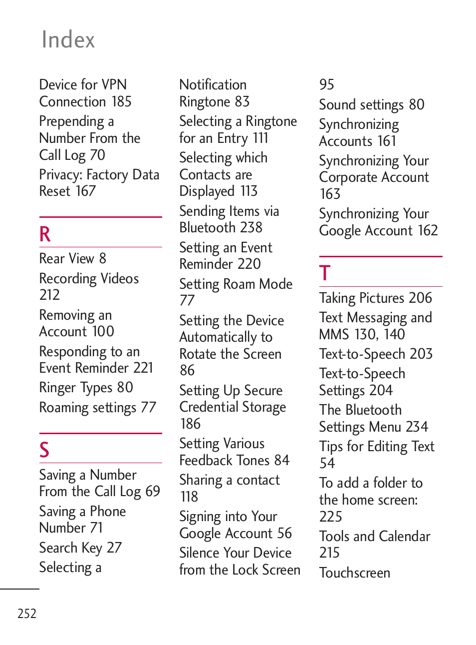 Index | LG LGL45C User Manual | Page 254 / 546