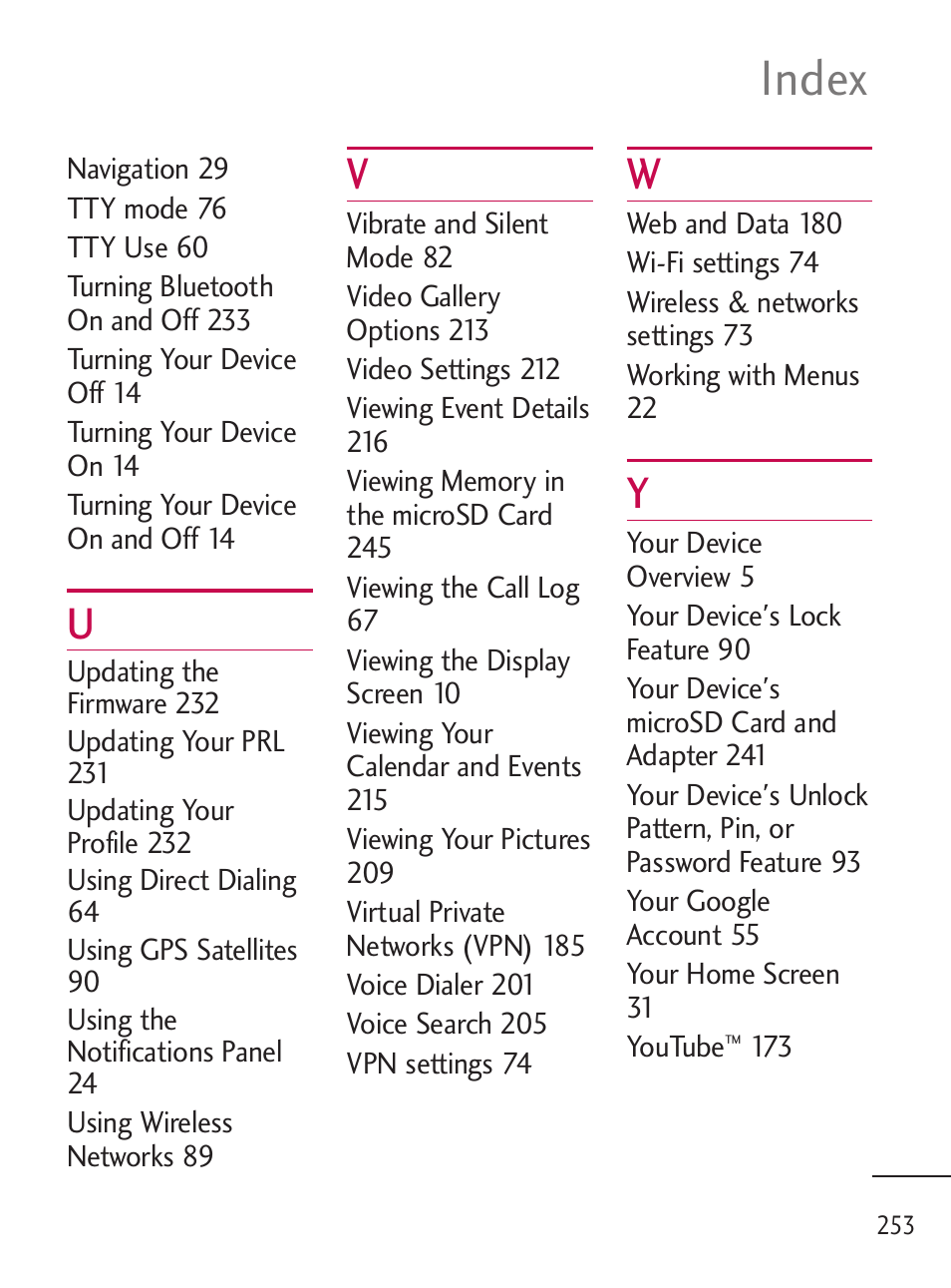 Index | LG LGL45C User Manual | Page 255 / 546