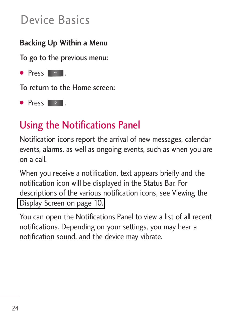 Device basics, Using the notifications panel | LG LGL45C User Manual | Page 26 / 546