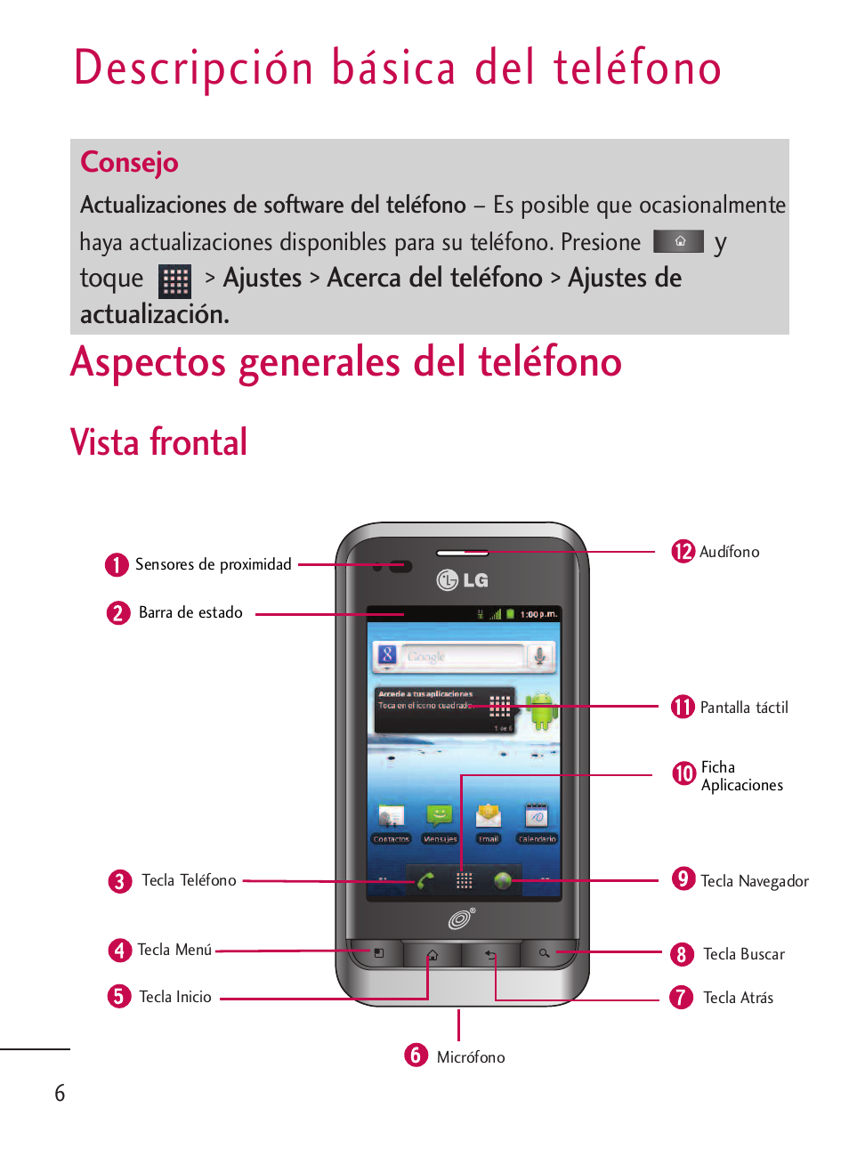 Descripción básica del teléfono, Aspectos generales del teléfono, Vista frontal | Consejo | LG LGL45C User Manual | Page 264 / 546