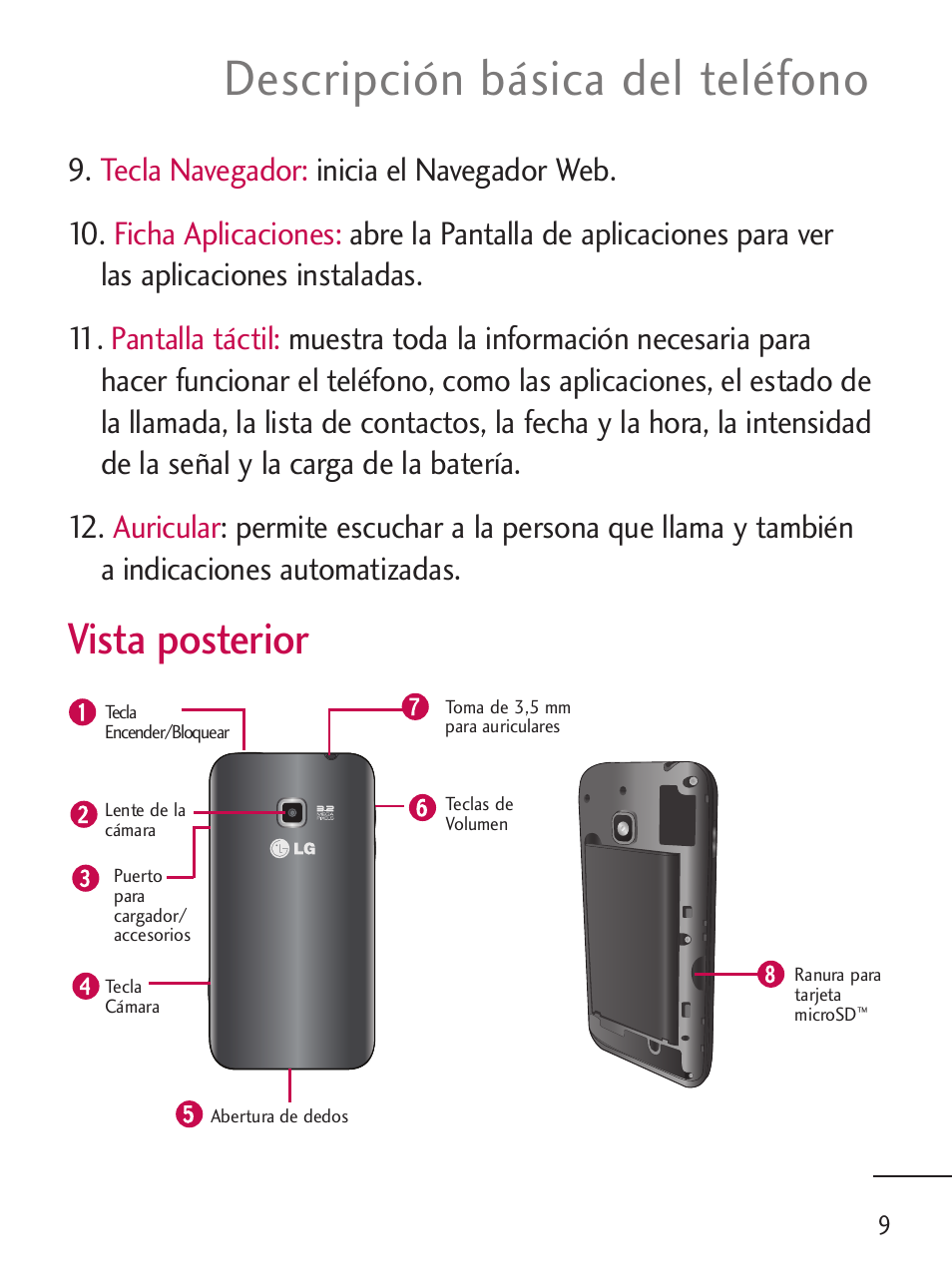 Descripción básica del teléfono, Vista posterior | LG LGL45C User Manual | Page 267 / 546