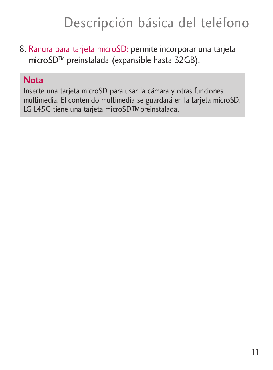 Descripción básica del teléfono | LG LGL45C User Manual | Page 269 / 546