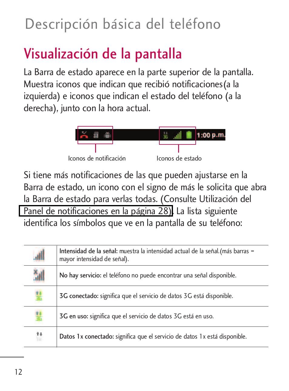 Visualización de la pantalla, Descripción básica del teléfono | LG LGL45C User Manual | Page 270 / 546