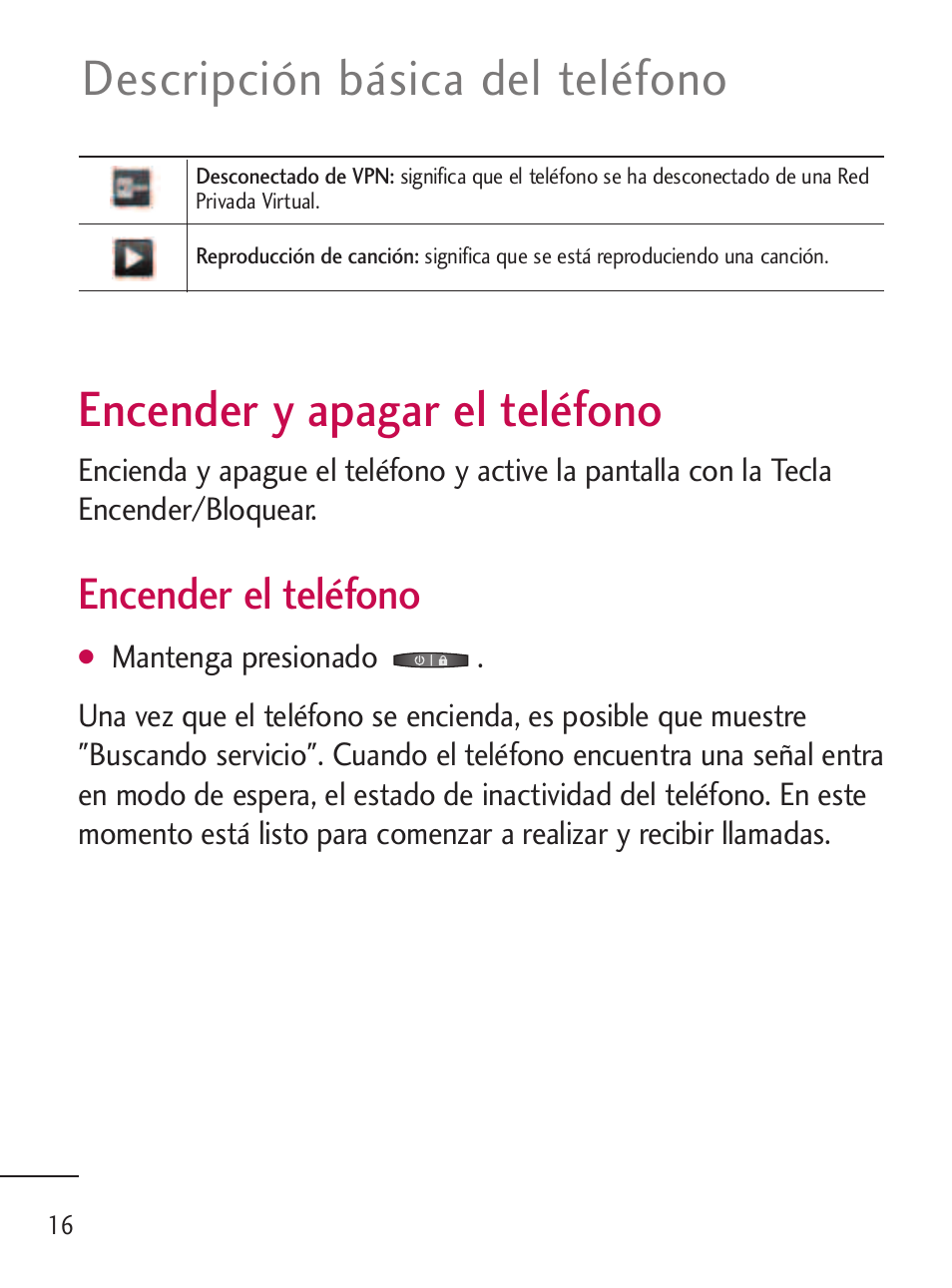 Encender y apagar el teléfono, Descripción básica del teléfono, Encender el teléfono | LG LGL45C User Manual | Page 274 / 546