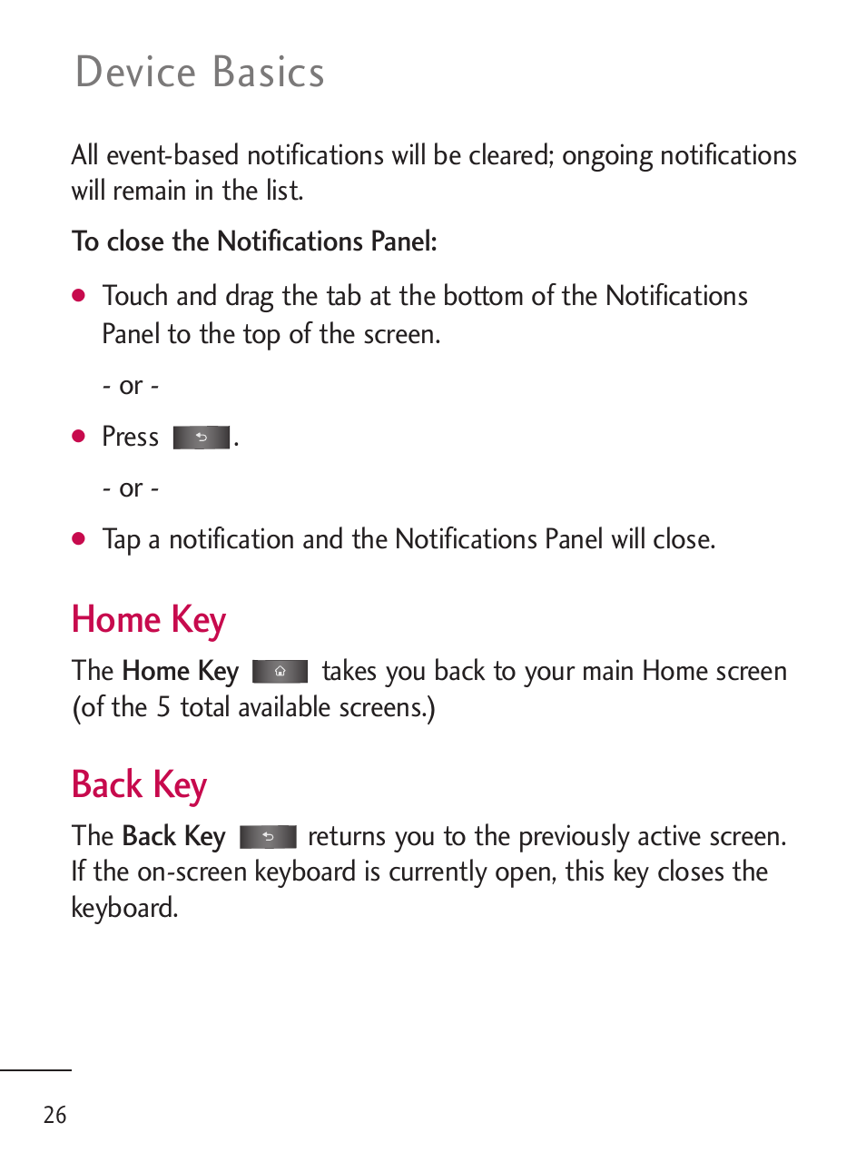 Device basics, Home key, Back key | LG LGL45C User Manual | Page 28 / 546