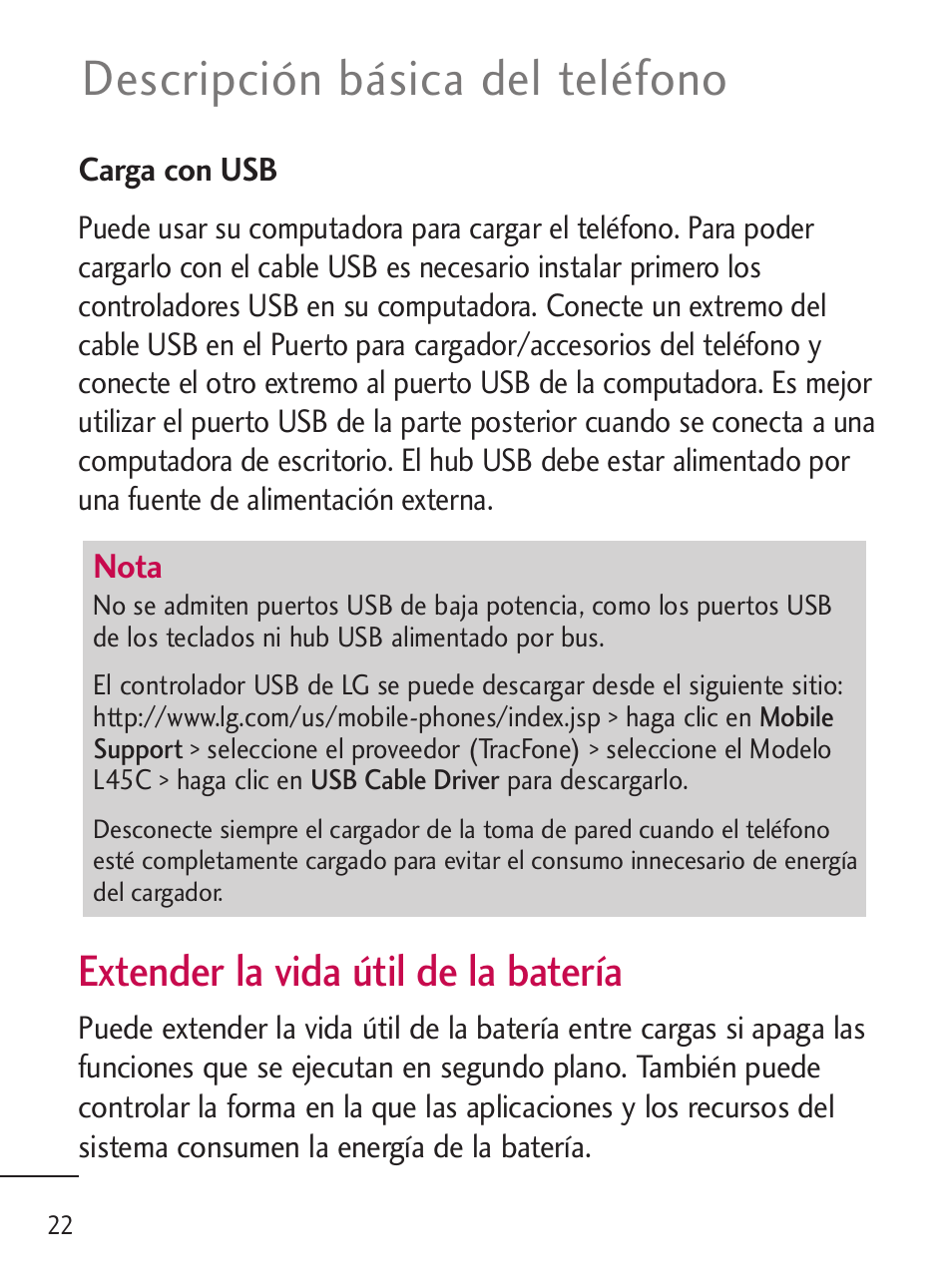 Descripción básica del teléfono, Extender la vida útil de la batería | LG LGL45C User Manual | Page 280 / 546