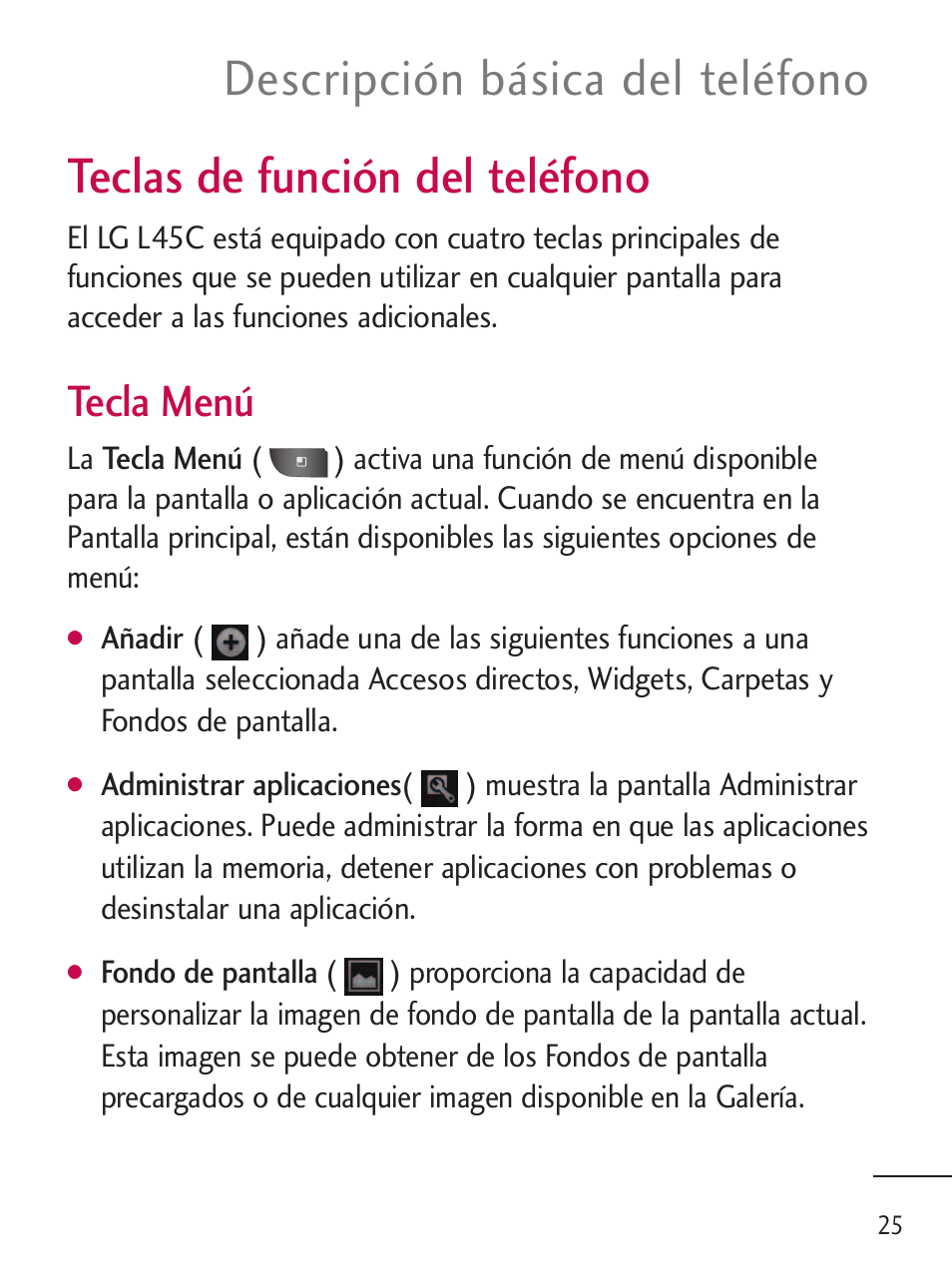 Teclas de función del teléfono, Descripción básica del teléfono, Tecla menú | LG LGL45C User Manual | Page 283 / 546