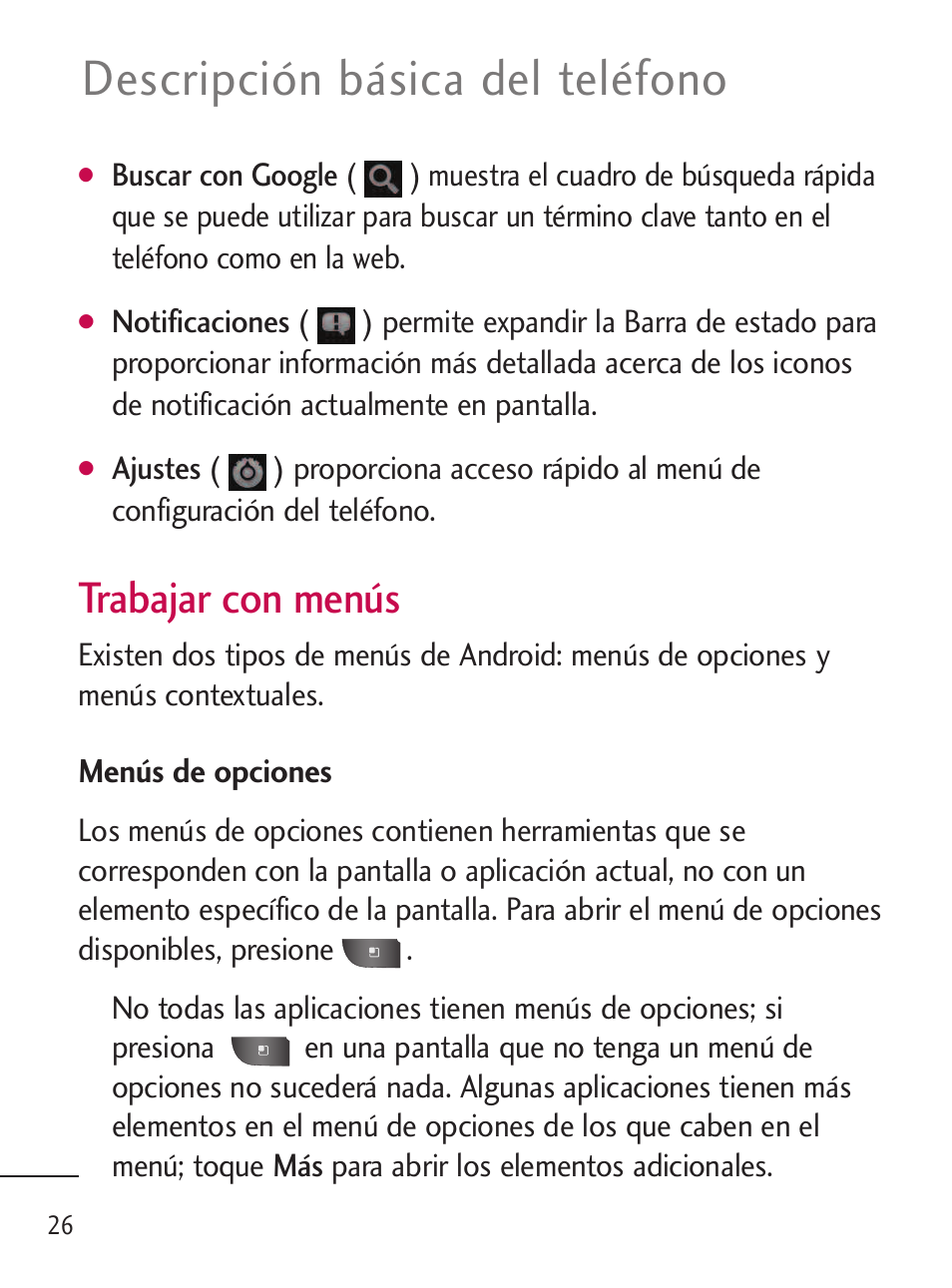 Descripción básica del teléfono, Trabajar con menús | LG LGL45C User Manual | Page 284 / 546