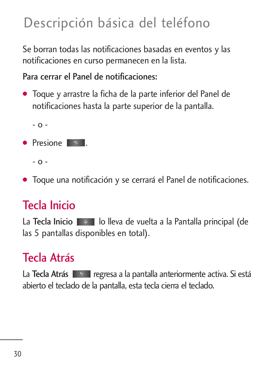 Descripción básica del teléfono, Tecla inicio, Tecla atrás | LG LGL45C User Manual | Page 288 / 546