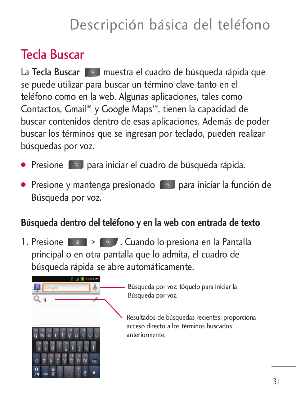 Descripción básica del teléfono, Tecla buscar | LG LGL45C User Manual | Page 289 / 546