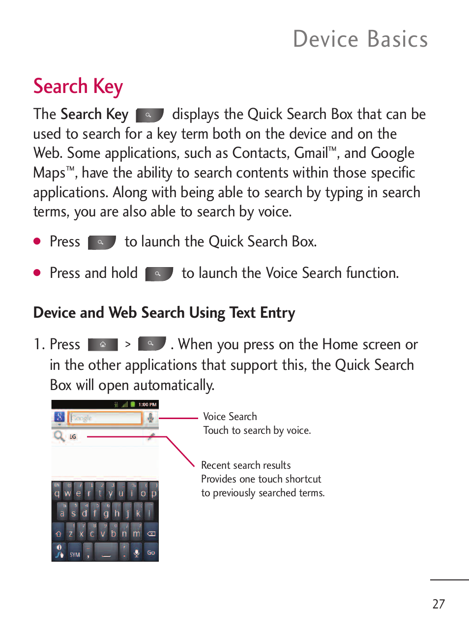 Device basics, Search key | LG LGL45C User Manual | Page 29 / 546