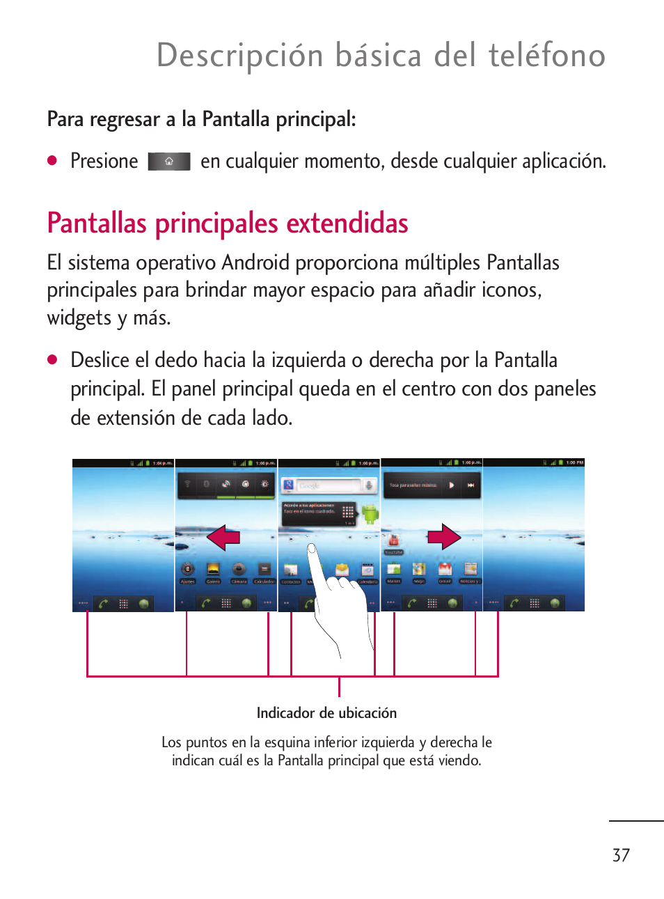 Descripción básica del teléfono, Pantallas principales extendidas | LG LGL45C User Manual | Page 295 / 546