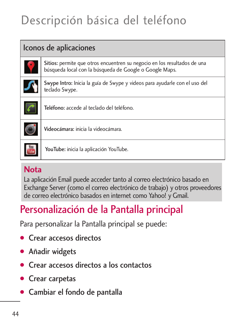 Descripción básica del teléfono, Personalización de la pantalla principal, Nota | Iconos de aplicaciones | LG LGL45C User Manual | Page 302 / 546