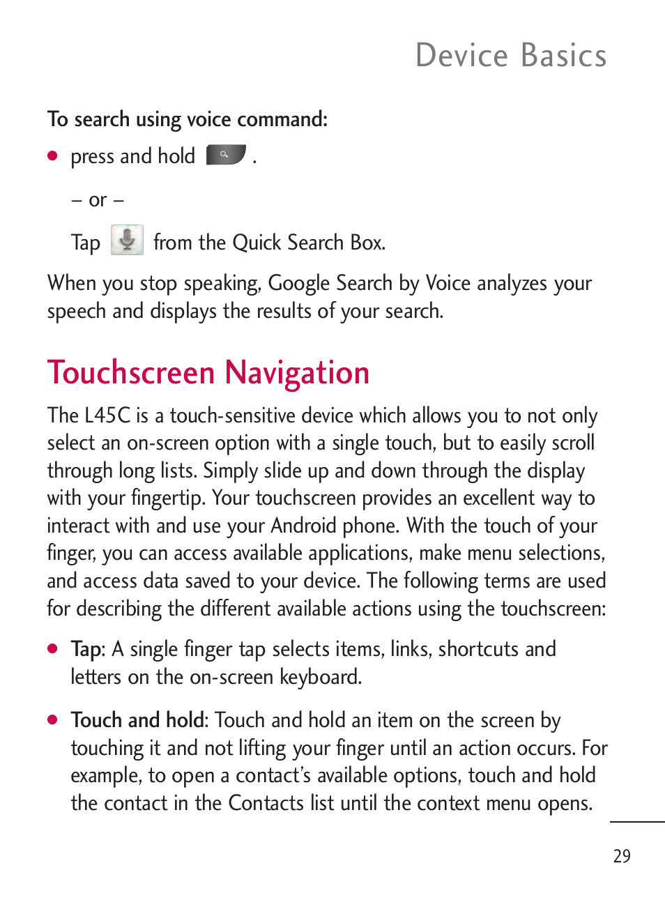 Touchscreen navigation, Device basics | LG LGL45C User Manual | Page 31 / 546