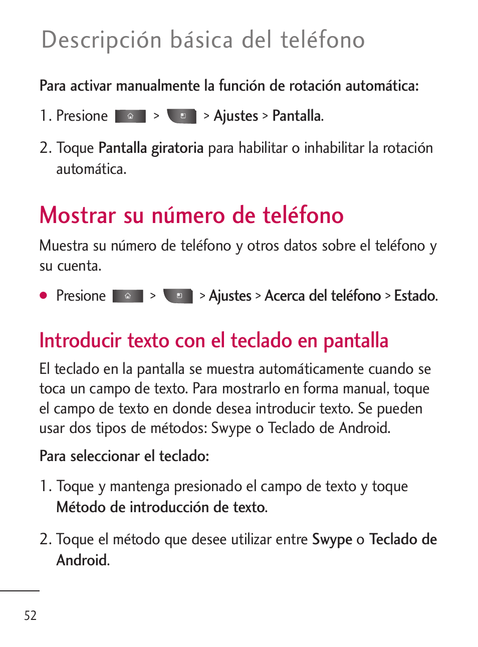 Mostrar su número de teléfono, Descripción básica del teléfono, Introducir texto con el teclado en pantalla | LG LGL45C User Manual | Page 310 / 546