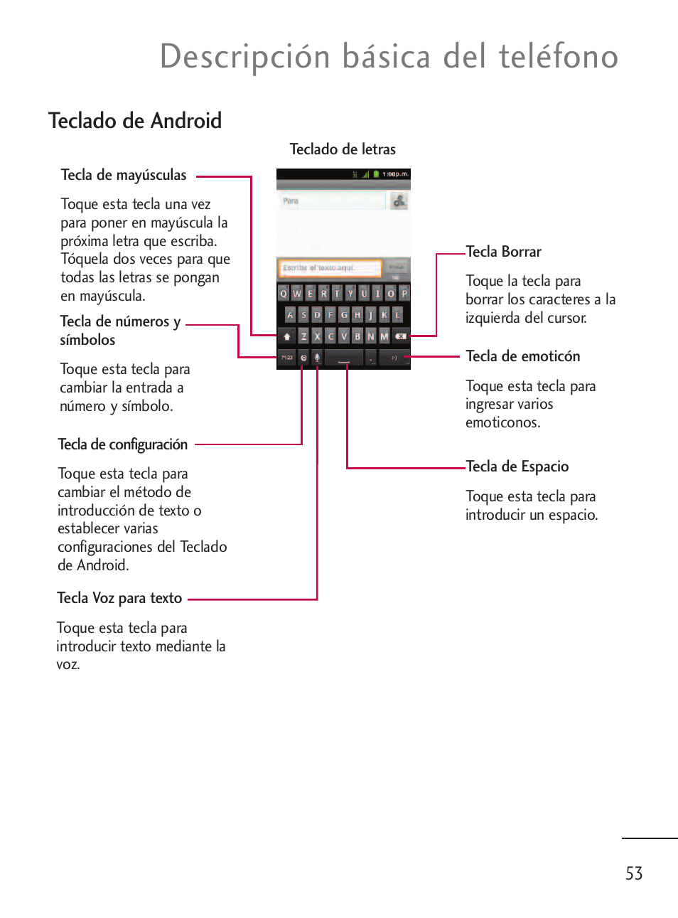 Descripción básica del teléfono, Teclado de android | LG LGL45C User Manual | Page 311 / 546