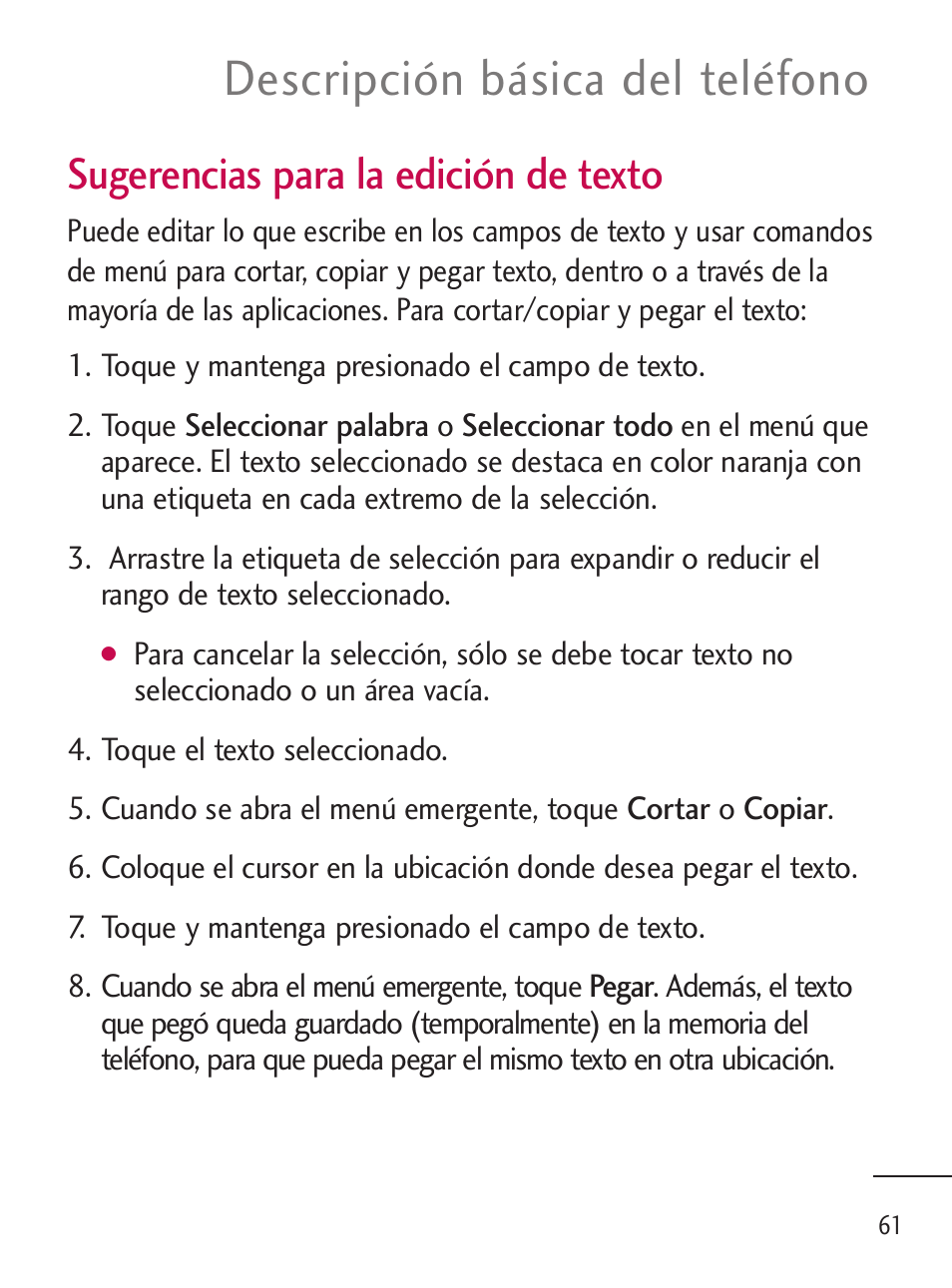 Descripción básica del teléfono, Sugerencias para la edición de texto | LG LGL45C User Manual | Page 319 / 546