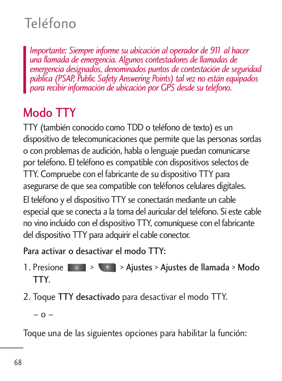 Teléfono, Modo tty | LG LGL45C User Manual | Page 326 / 546