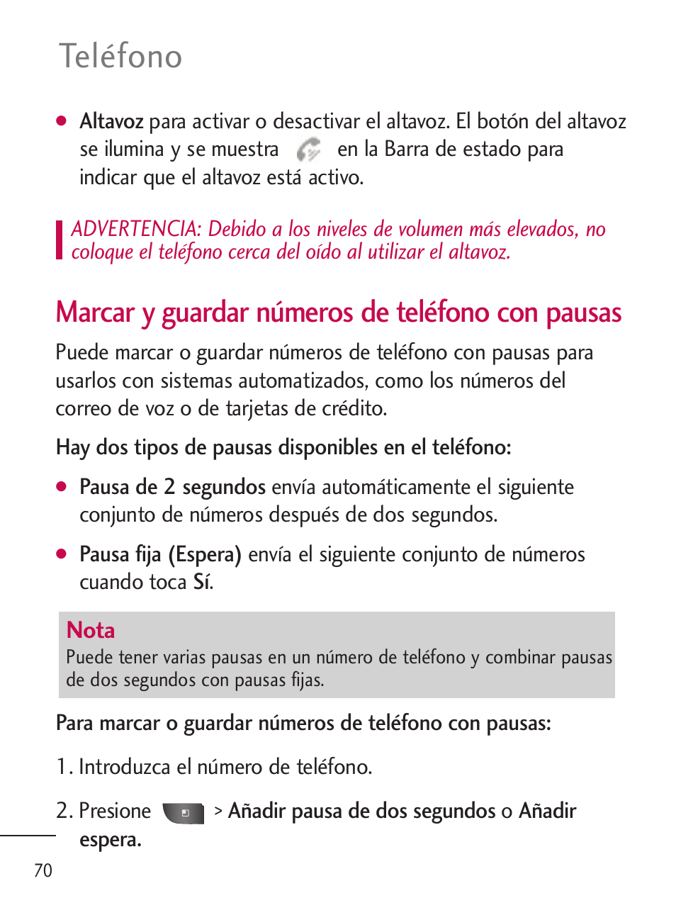 Teléfono, Marcar y guardar números de teléfono con pausas | LG LGL45C User Manual | Page 328 / 546