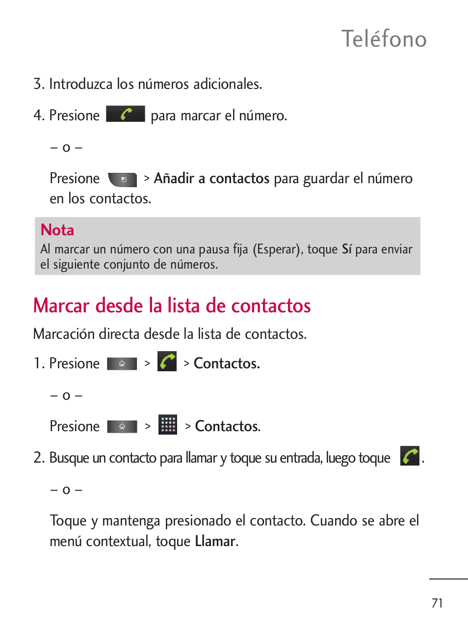 Teléfono, Marcar desde la lista de contactos | LG LGL45C User Manual | Page 329 / 546