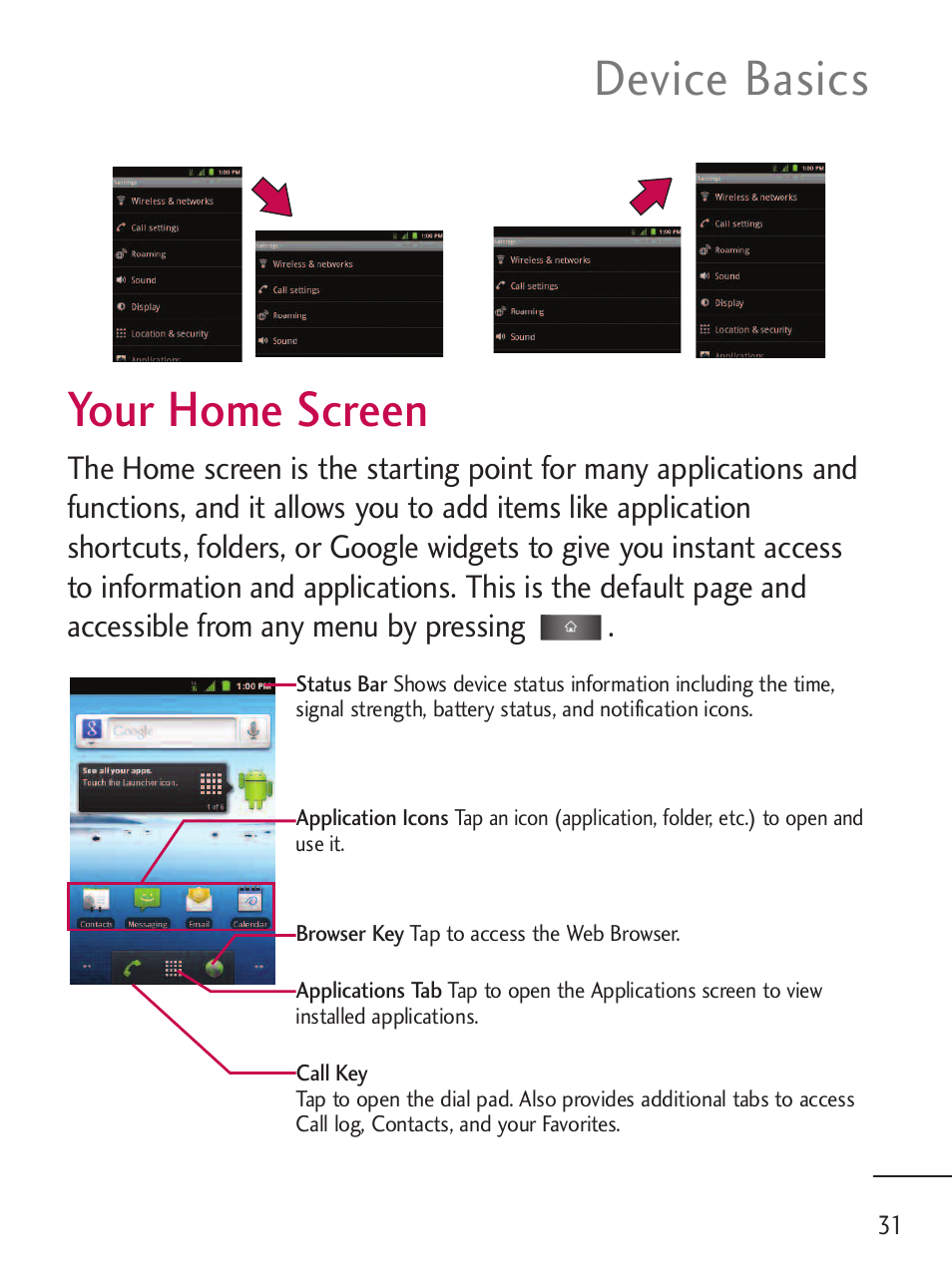 Your home screen, Device basics | LG LGL45C User Manual | Page 33 / 546