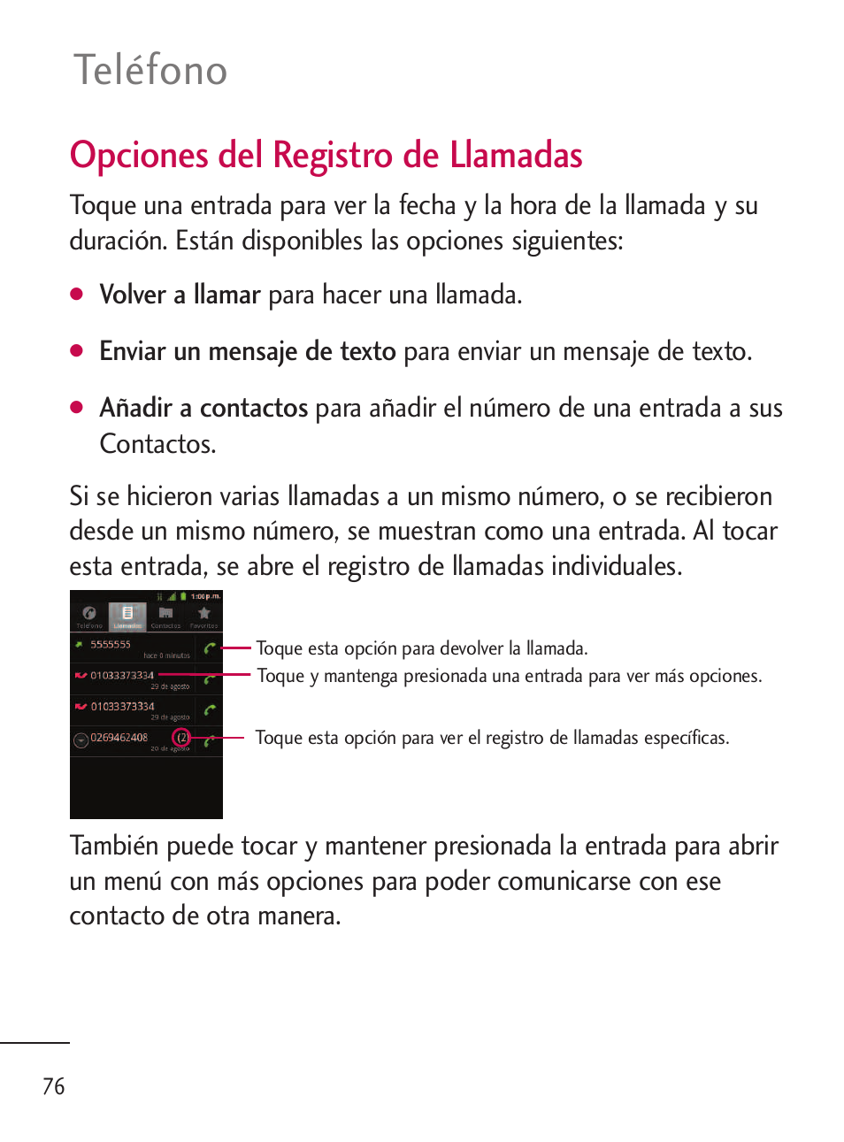 Teléfono, Opciones del registro de llamadas | LG LGL45C User Manual | Page 334 / 546