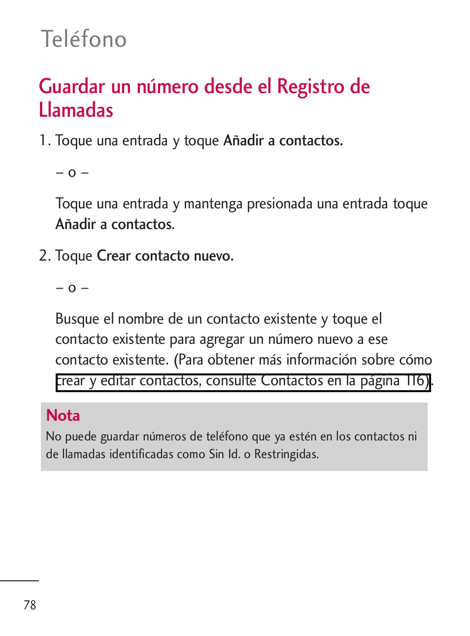 Teléfono, Guardar un número desde el registro de llamadas | LG LGL45C User Manual | Page 336 / 546