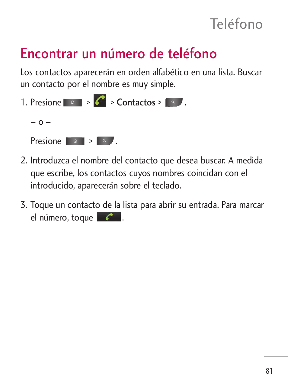 Encontrar un número de teléfono, Teléfono | LG LGL45C User Manual | Page 339 / 546