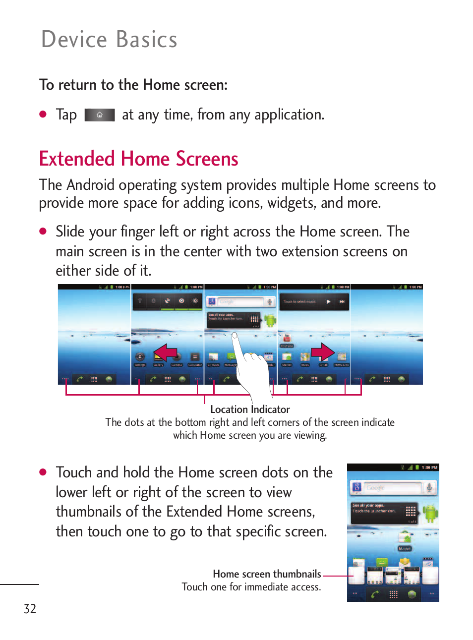 Device basics, Extended home screens | LG LGL45C User Manual | Page 34 / 546