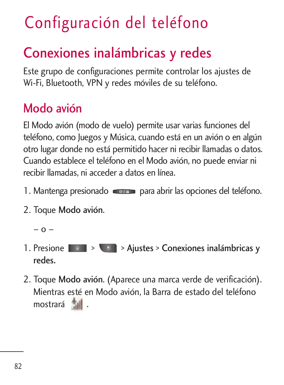 Configuración del teléfono, Conexiones inalámbricas y redes, Modo avión | LG LGL45C User Manual | Page 340 / 546