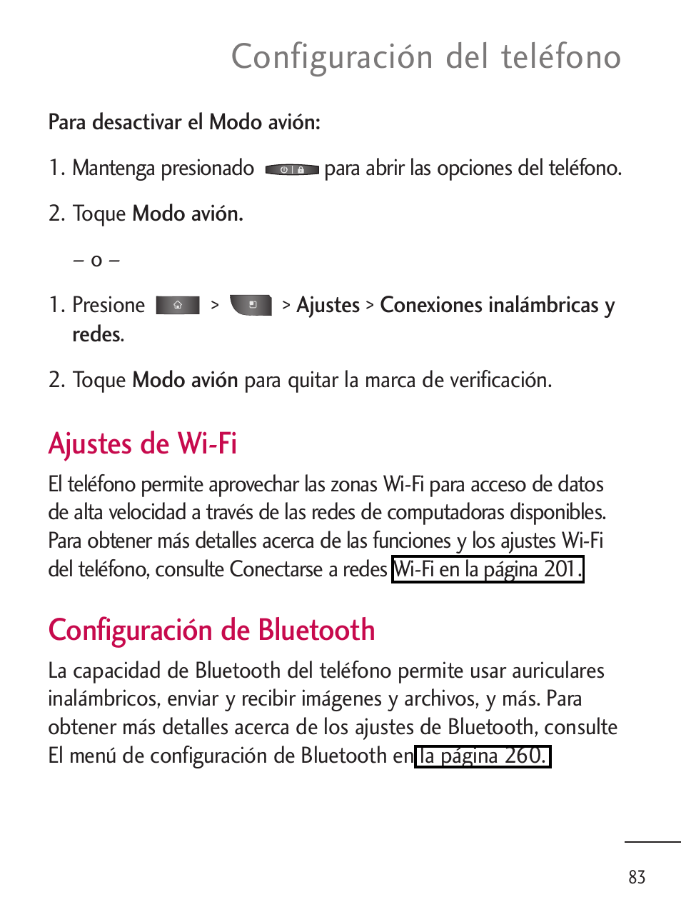 Configuración del teléfono, Ajustes de wi-fi, Configuración de bluetooth | LG LGL45C User Manual | Page 341 / 546